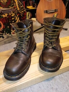 Dr. Martens Brown Leather Lace-Up Casual Boots with Yellow Stitching